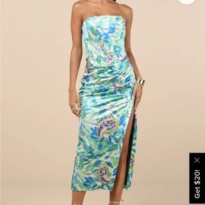 Lulu's Strapless Blue and Green Patterned Dress